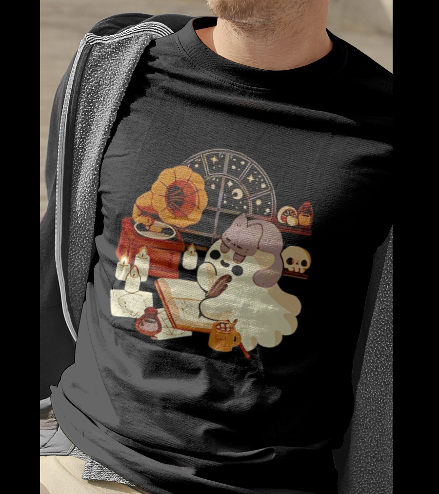 Ghost Cat Listening To Phonograph Under Night Sky While Writing T-Shirt