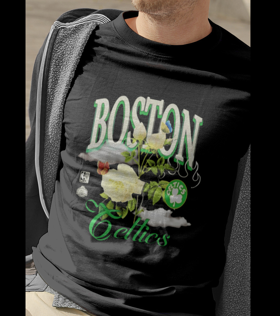 Boston Celtics Floral Roses With Butterfly And Shamrock T-Shirt