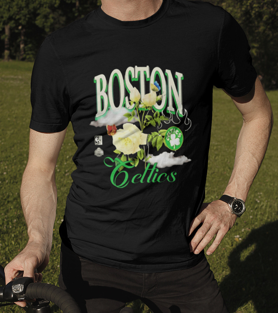 Boston Celtics Floral Roses With Butterfly And Shamrock T-Shirt