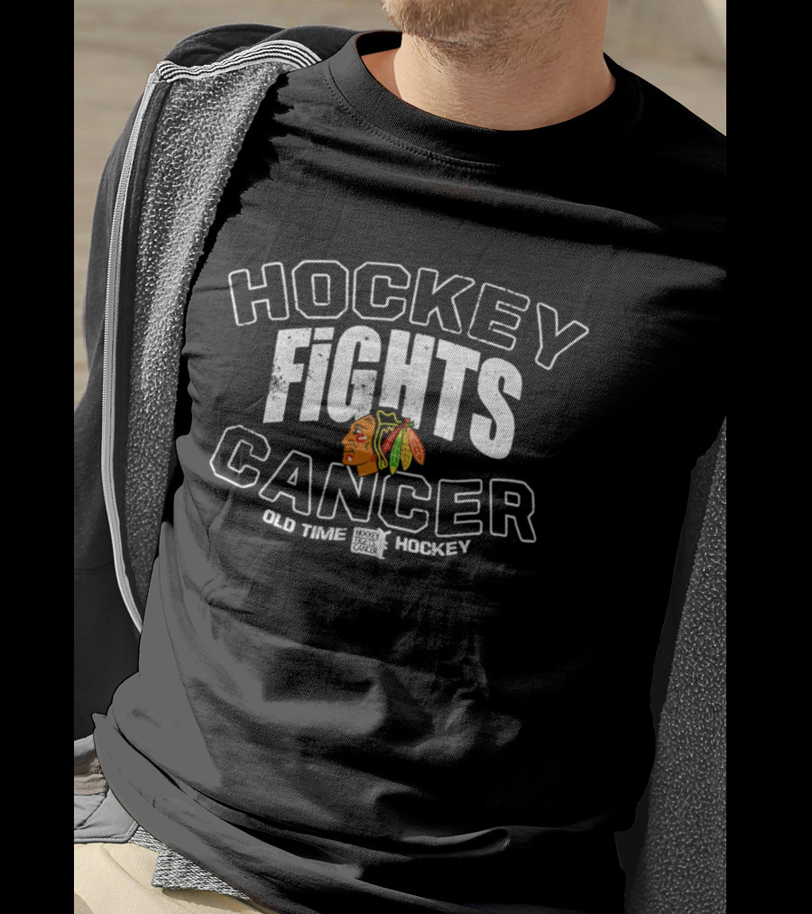 Hockey Fights Cancer Old Time Hockey Blackhawks T-Shirt