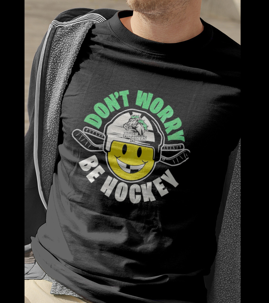 Don't Worry Be Hockey Cedar Rapids RoughRiders Smiley Face Helmet Rugged Fun T-Shirt