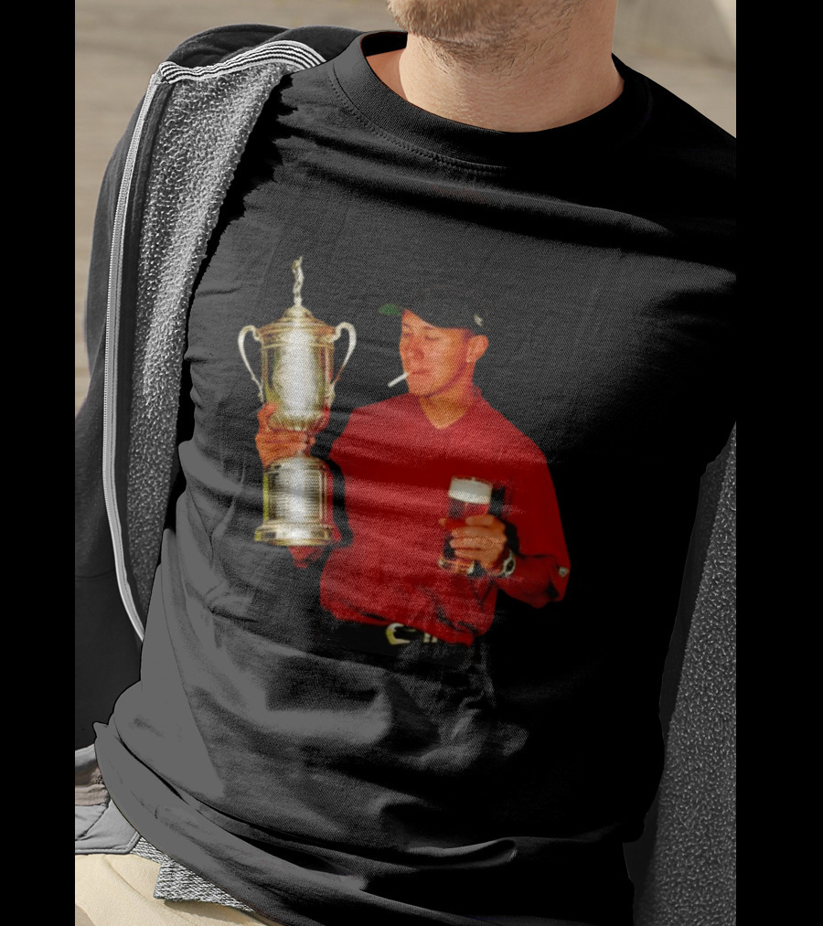 Tiger Woods Holding US Open Trophy With Cigarette And Drink In Hand T-Shirt