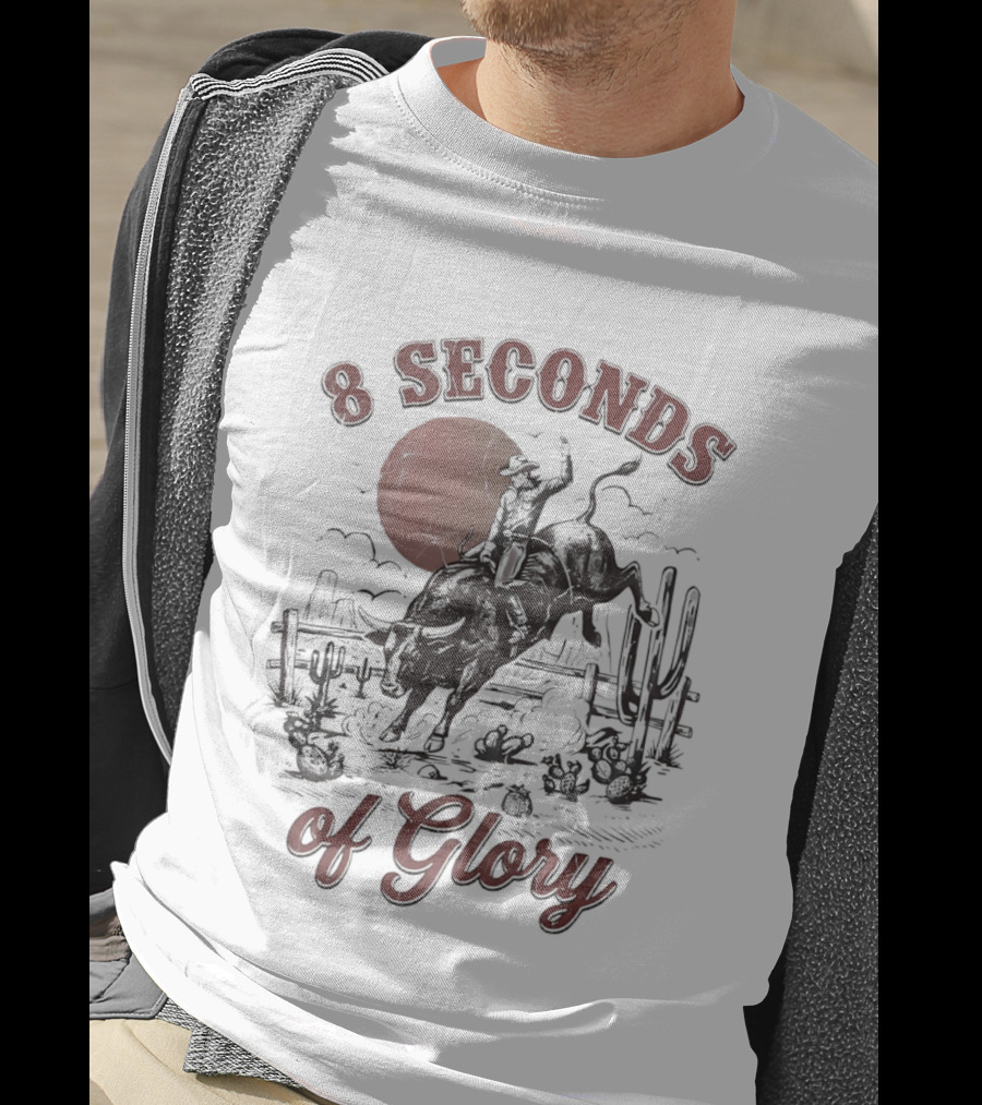 8 Seconds Of Glory Cowboy Riding Rodeo Bull Southwestern Desert Scene T-Shirt
