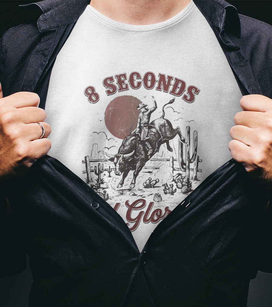 8 Seconds Of Glory Cowboy Riding Rodeo Bull Southwestern Desert Scene T-Shirt