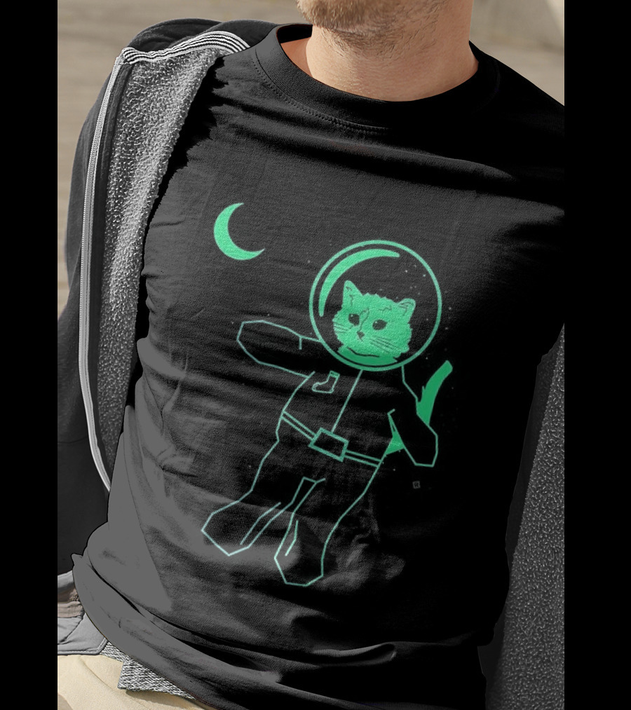 Glow In The Dark Astronaut Neon Cat With Moon Phases T-Shirt