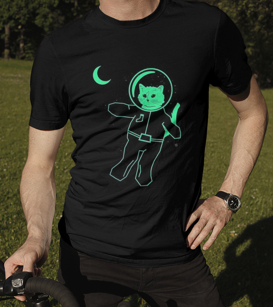 Glow In The Dark Astronaut Neon Cat With Moon Phases T-Shirt