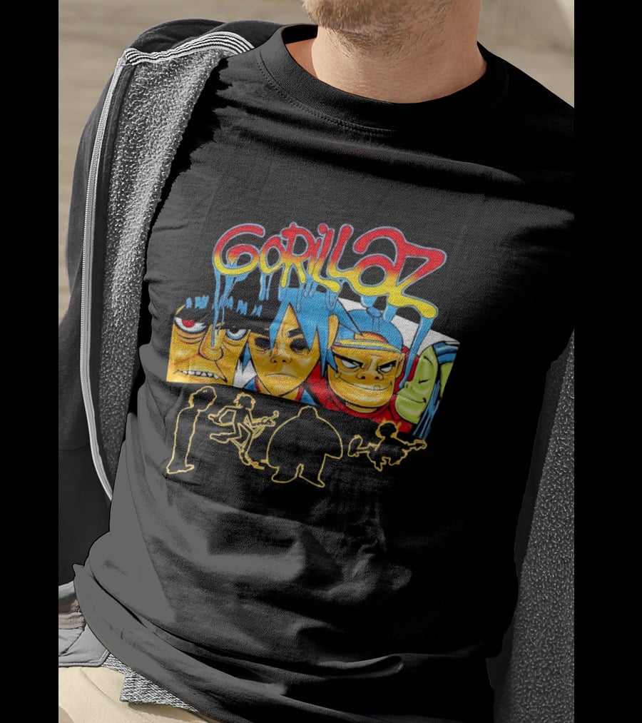Gorillaz Band Characters Face Art And Silhouette Outlines T-Shirt
