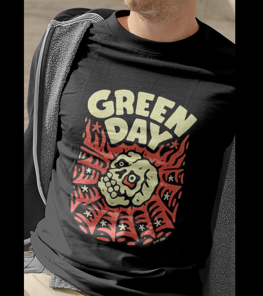 Green Day Skull Spider Red And Cream T-Shirt