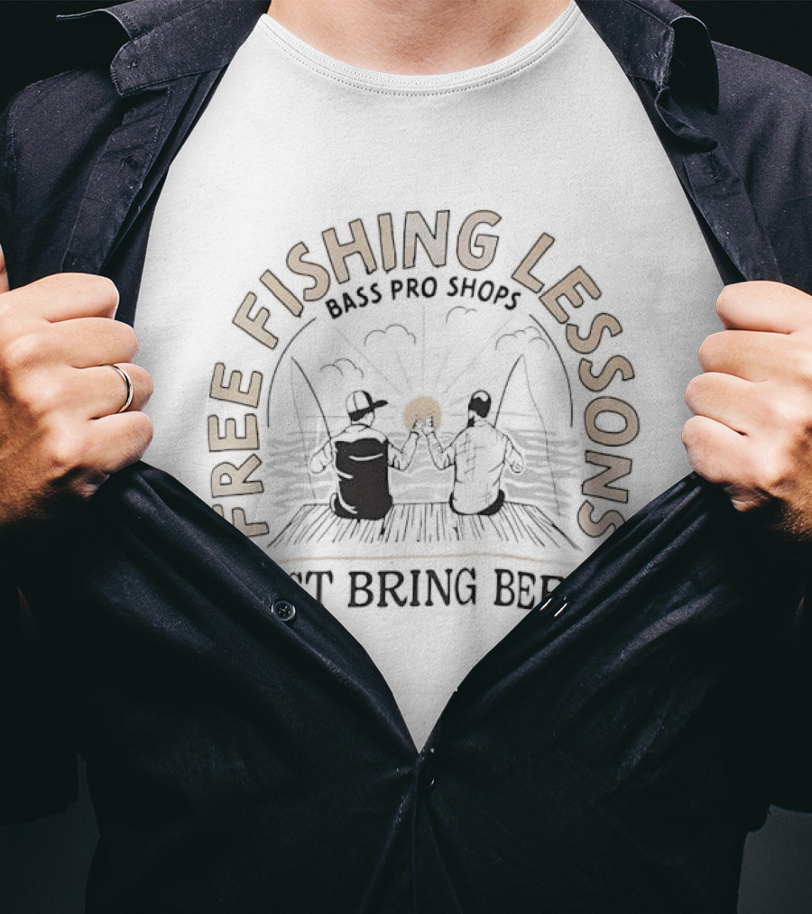 Free Fishing Lessons Bring Beer Lake Dock Scene T-Shirt