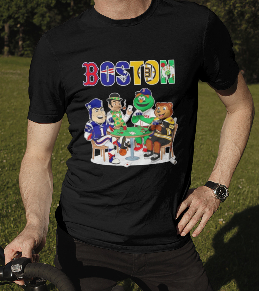 Boston Teams Playing Cards Patriots Red Sox Celtics Bruins Logos T-Shirt