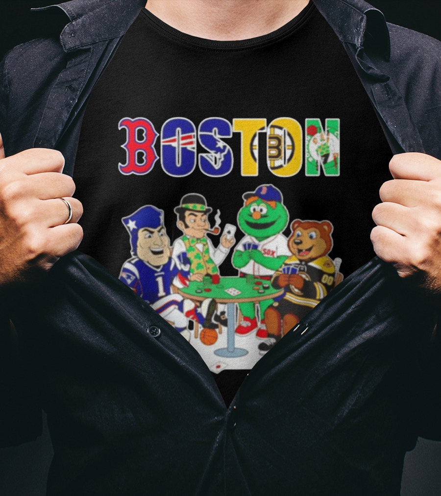 Boston Teams Playing Cards Patriots Red Sox Celtics Bruins Logos T-Shirt