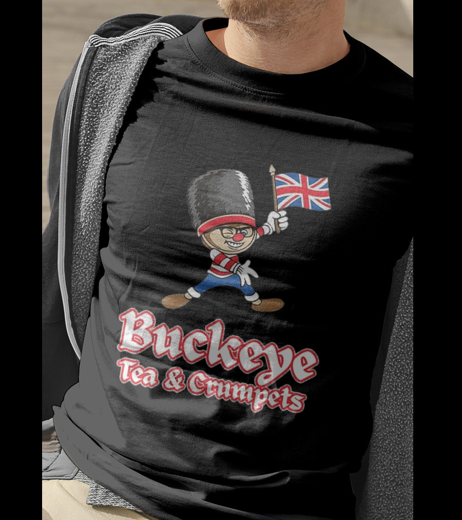 Buckeye Tea And Crumpets British Guard Cartoon With Union Jack Flag T-Shirt