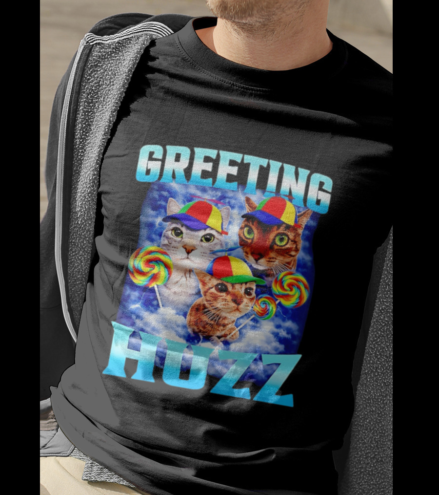 Greeting Huzz Cat Meme With Lollipops And Colorful Hats T-Shirt