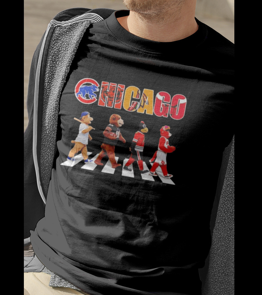 Chicago Cubs Bears Blackhawks Bulls Mascots Crossing Abbey Road T-Shirt