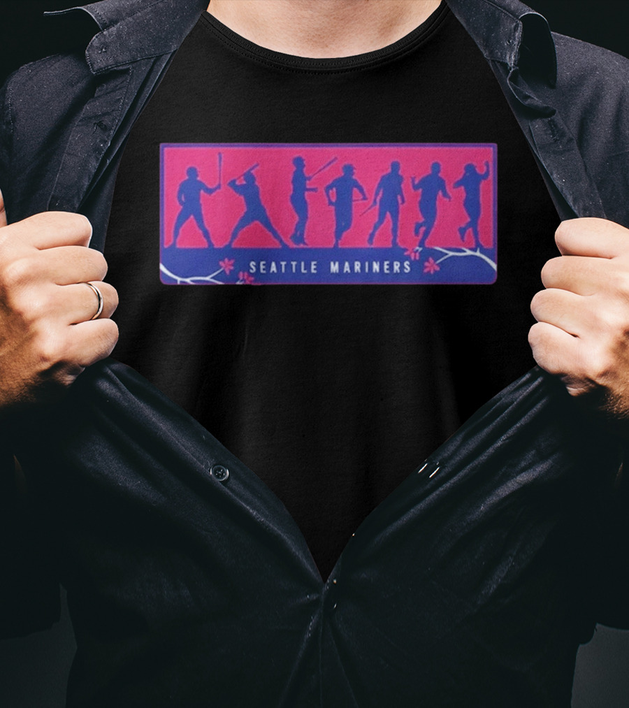 Seattle Mariners Anime Day Silhouettes Baseball Players Sakura Blossoms T-Shirt