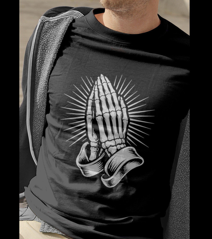 Skeleton Praying Hands Christian Symbol With Radiant Light T-Shirt