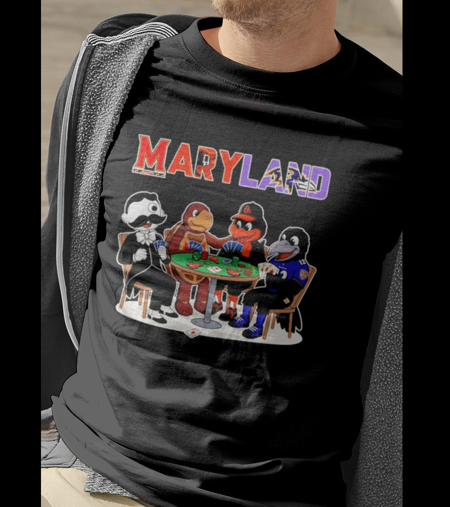 Maryland Mascots Playing Poker With Natty Boh, Orioles, Ravens, And Terrapins T-Shirt