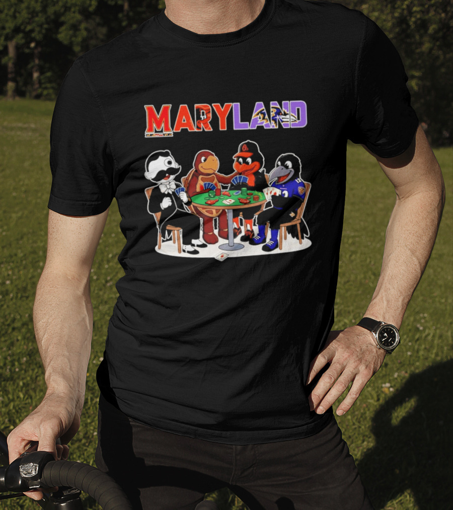 Maryland Mascots Playing Poker With Natty Boh, Orioles, Ravens, And Terrapins T-Shirt