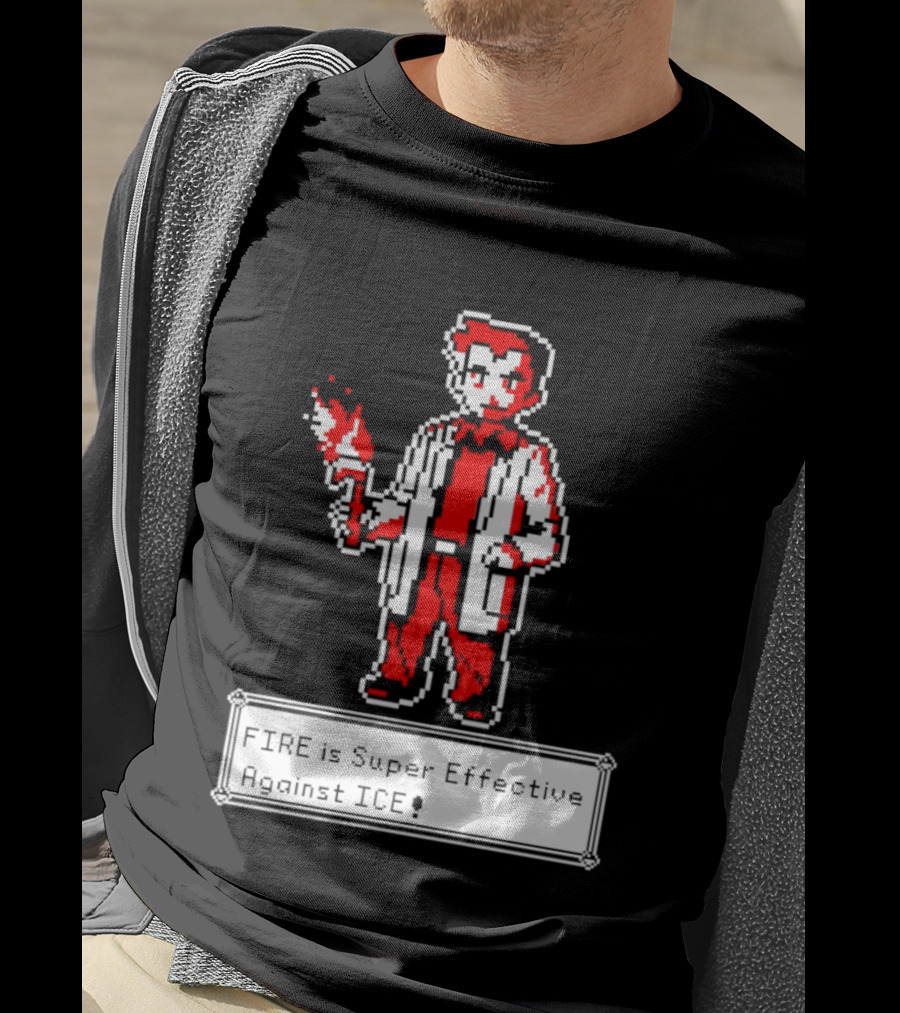 Fire Is Super Effective Against Ice Pixel Character Holding Flame In Retro Game T-Shirt