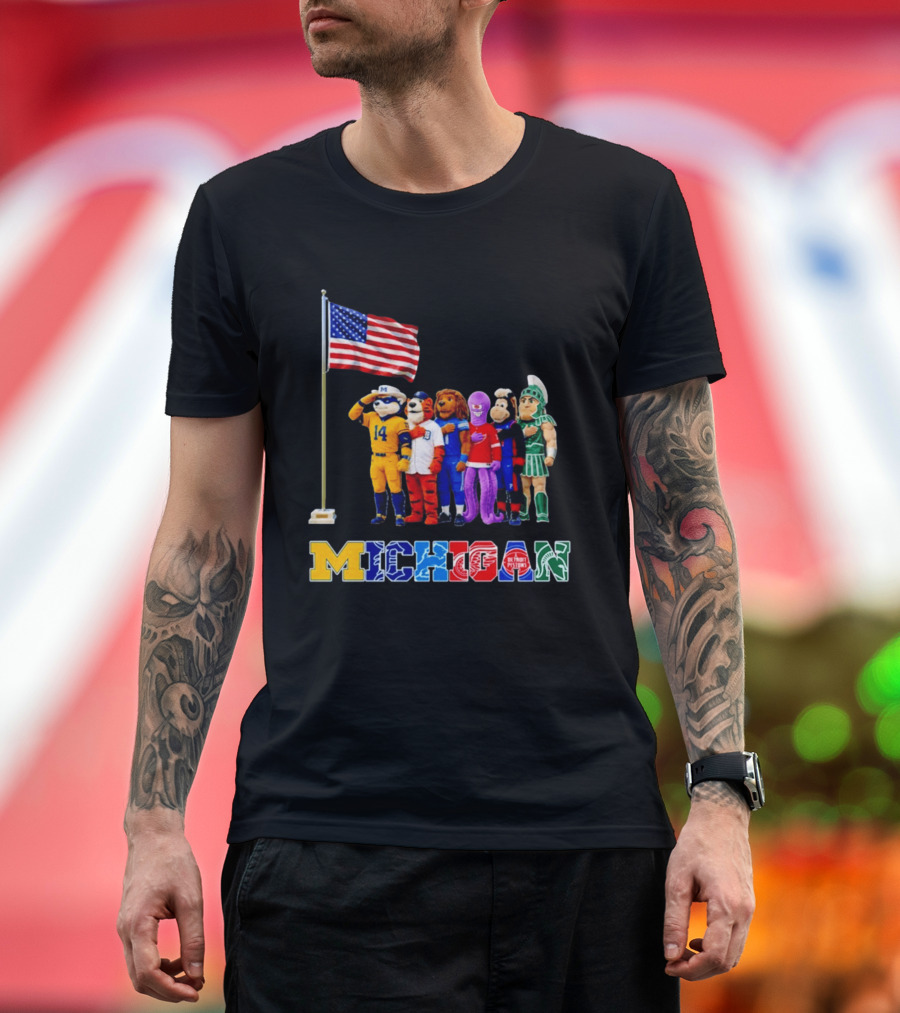 Patriotism In Michigan Sports Mascots Saluting American Flag T-Shirt