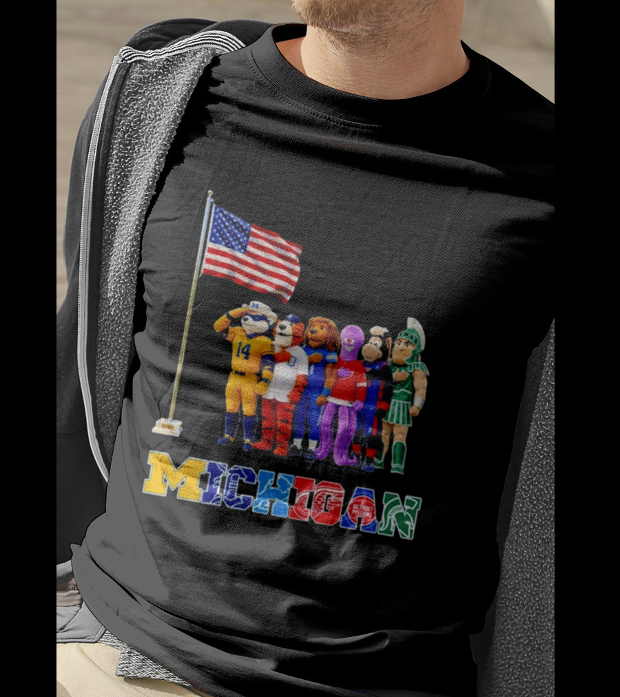 Patriotism In Michigan Sports Mascots Saluting American Flag T-Shirt