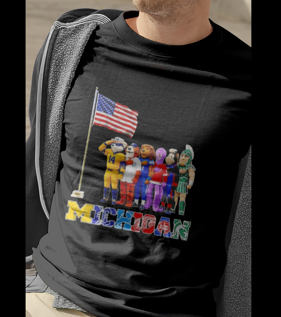 Michigan Wolverine Tigers Lions Red Wings Pistons Spartans Salute American Flag T-Shirt