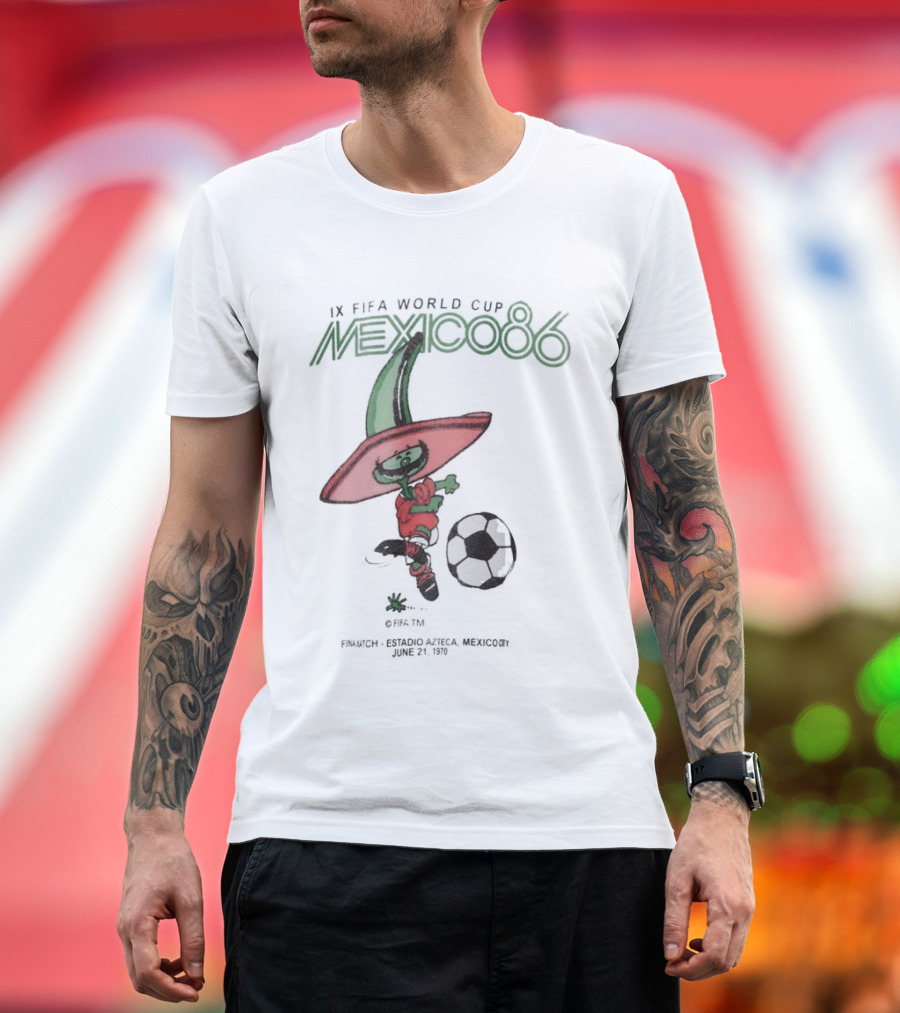 IX FIFA World Cup Mexico 86 Mascot Pique In Red Sombrero And Green Poncho With Soccer Ball T-Shirt
