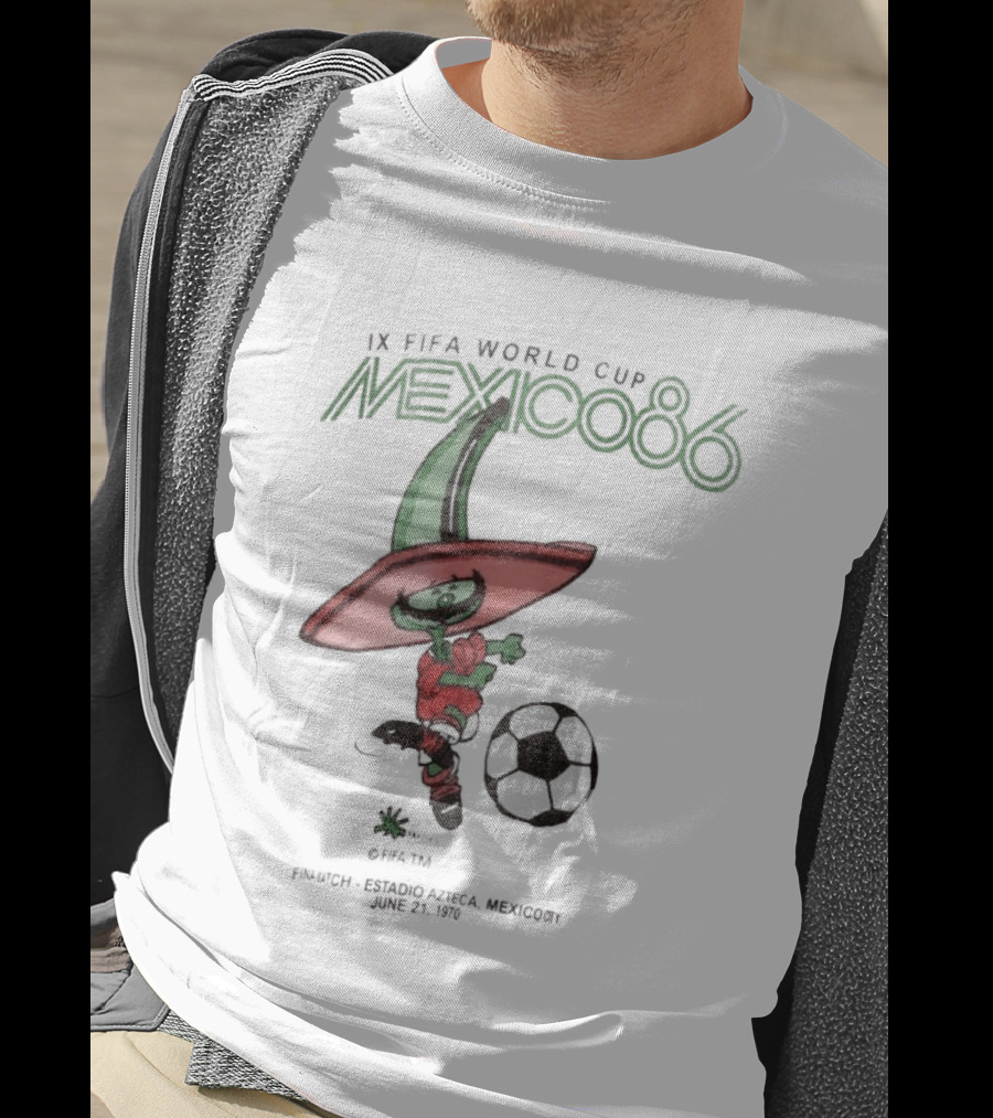 IX FIFA World Cup Mexico 86 Mascot Pique In Red Sombrero And Green Poncho With Soccer Ball T-Shirt