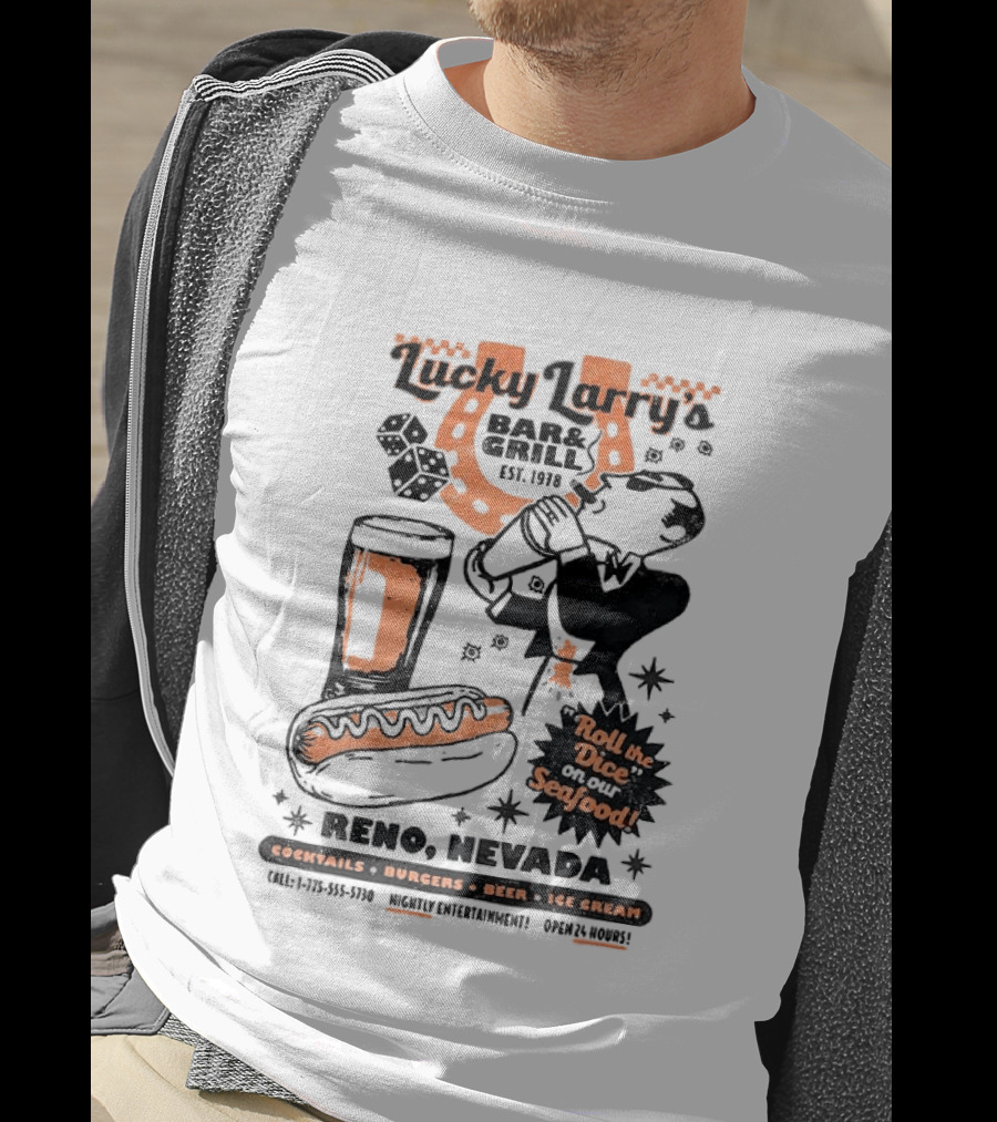 Lucky Larry's Bar & Grill EST 1954 Reno Nevada Cocktails Burgers Beer Ice Cream Roll The Dice On Our Seafood T-Shirt