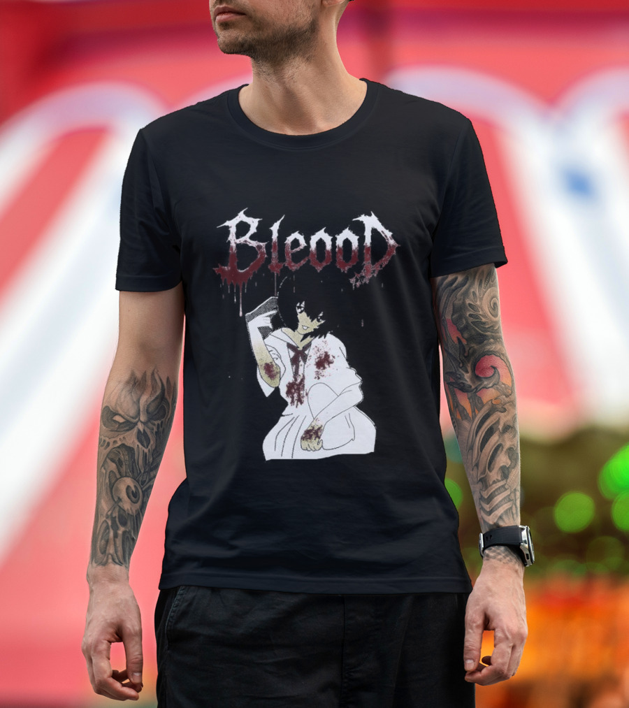 Blood Anime Style Dripping Text and Mysterious Figure T-Shirt