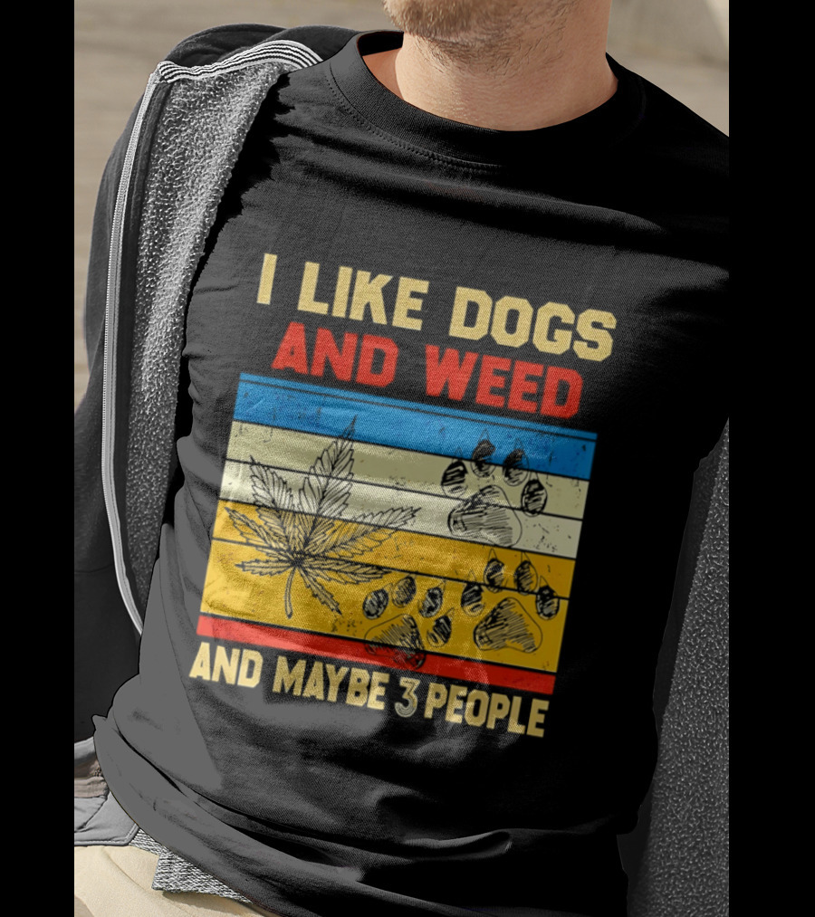 I Like Dogs And Weed And Maybe 3 People Vintage Stripes Cannabis Leaf Paw Print T-Shirt