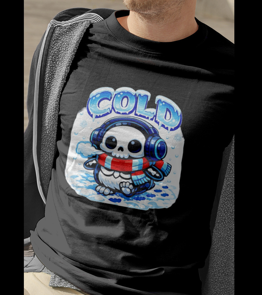 Cold Penguin Skeleton Winter Scarf Headphones Snowflakes T-Shirt