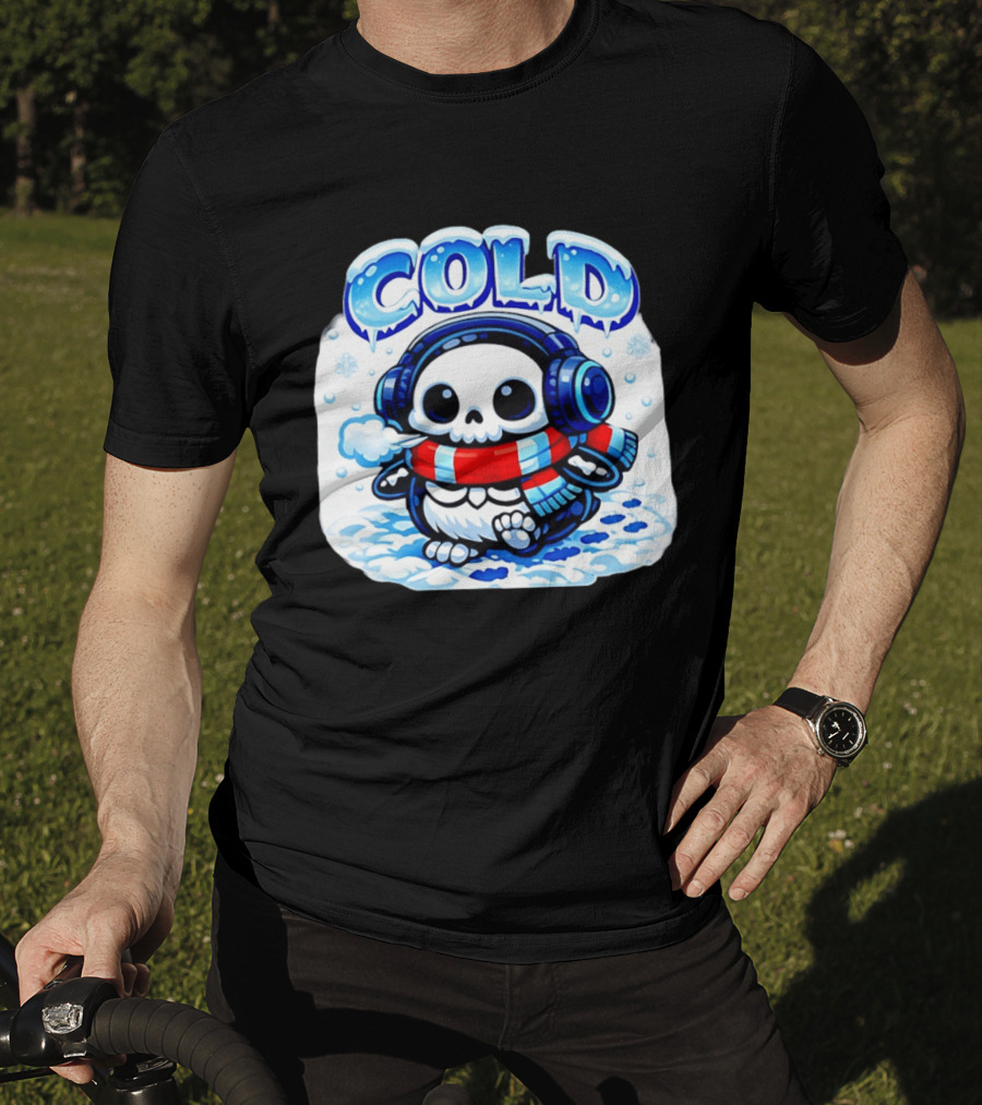 Cold Penguin Skeleton Winter Scarf Headphones Snowflakes T-Shirt