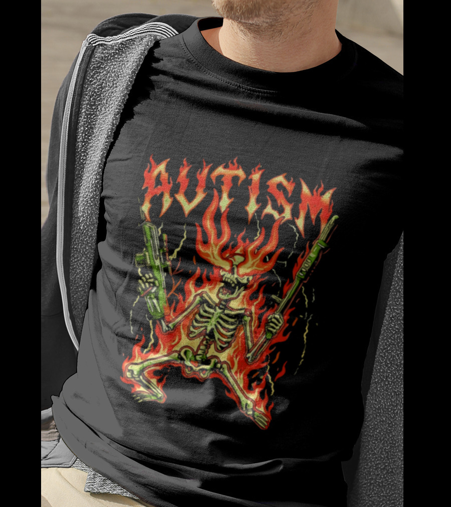 Skeleton Blazing Holding Two Rifle Guns Autism Flame T-Shirt