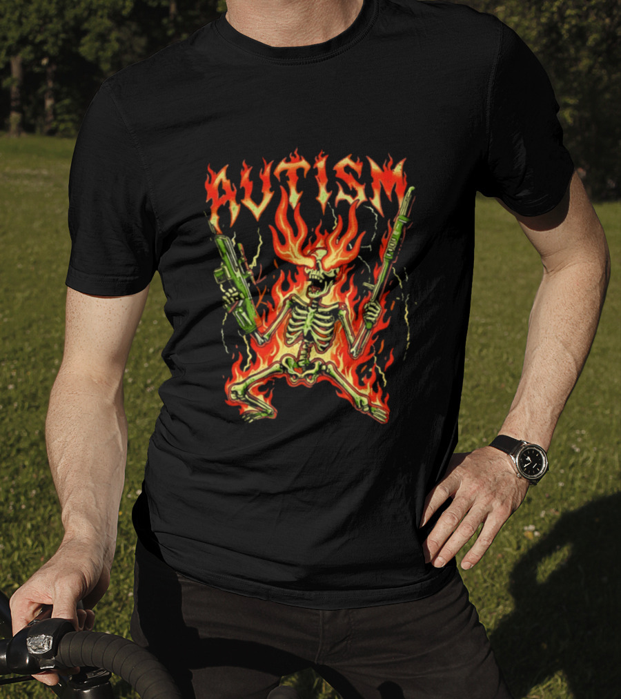 Skeleton Blazing Holding Two Rifle Guns Autism Flame T-Shirt