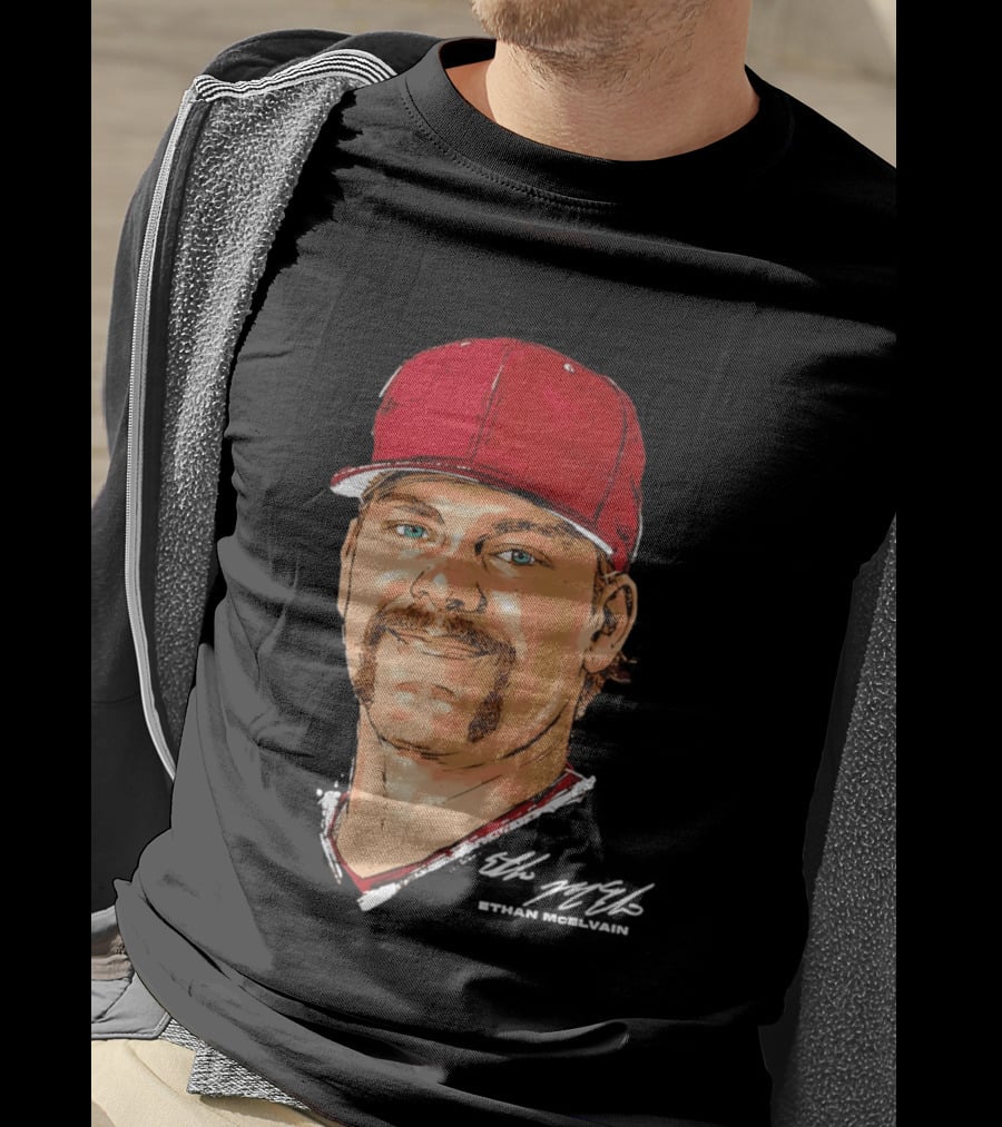 Ethan McElvain Arkansas Razorbacks Baseball Player Portrait In Red Cap T-Shirt