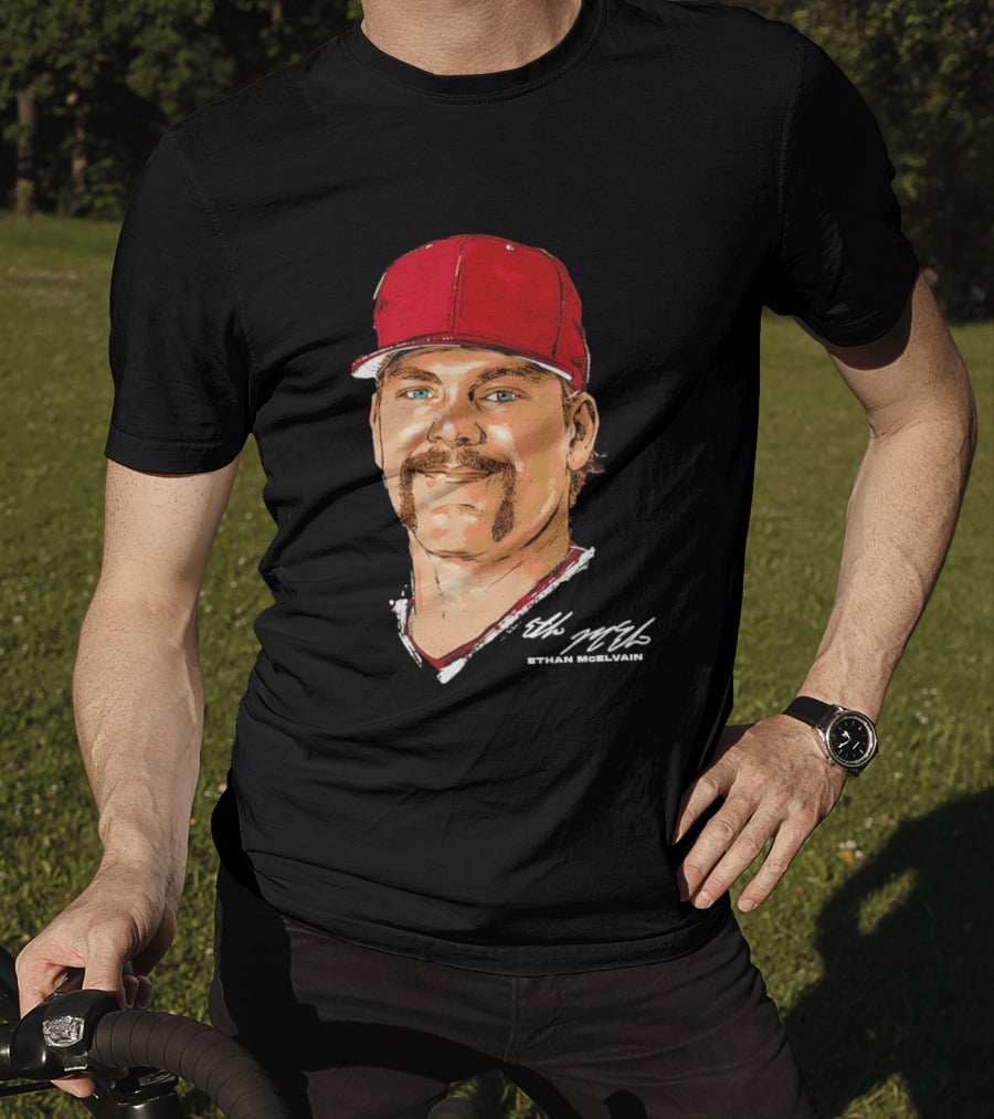 Ethan McElvain Arkansas Razorbacks Baseball Player Portrait In Red Cap T-Shirt