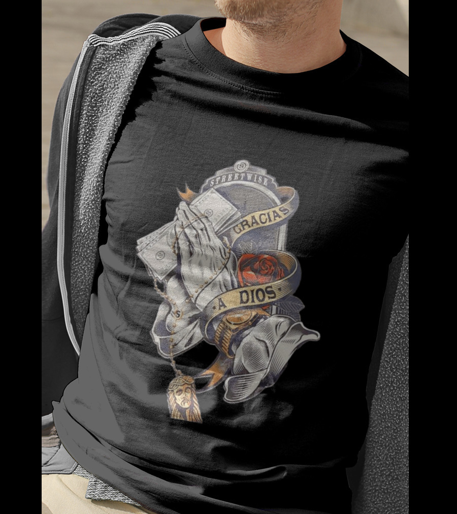 Streetwise Gracias A Dios Prayer Hands Rose Rosary T-Shirt