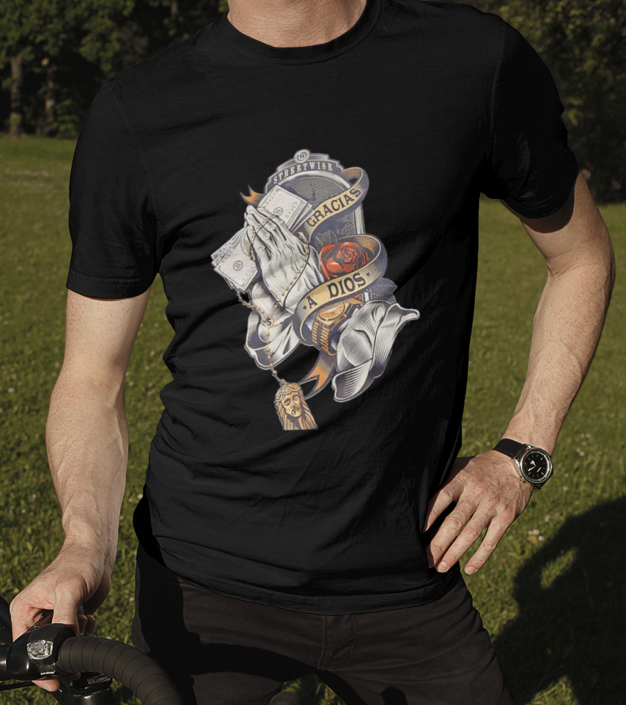 Streetwise Gracias A Dios Prayer Hands Rose Rosary T-Shirt