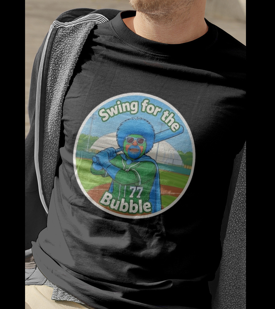 Swing For The Bubble 77 Baseball Cartoon Player Stadium T-Shirt