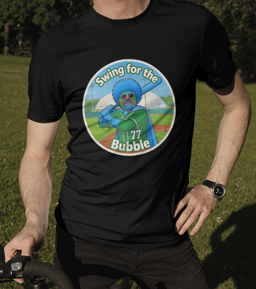Swing For The Bubble 77 Baseball Cartoon Player Stadium T-Shirt
