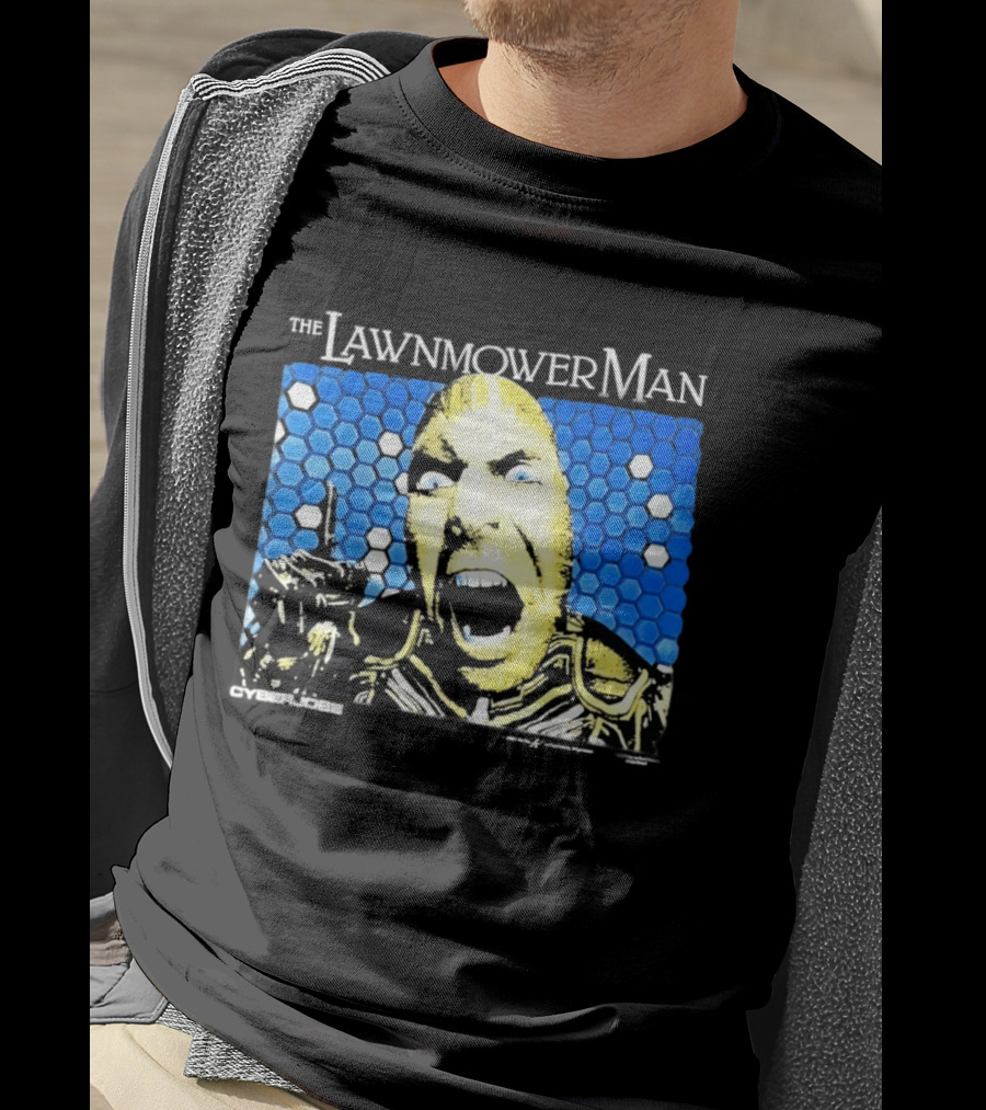 The Lawnmower Man Futuristic Cybernetic Face Against Blue Hexagon T-Shirt