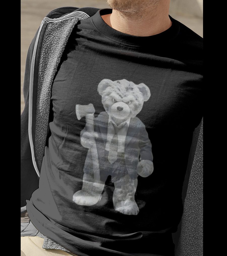 Grumpy Teddy Bear In Suit Holding Axe Horror T-Shirt