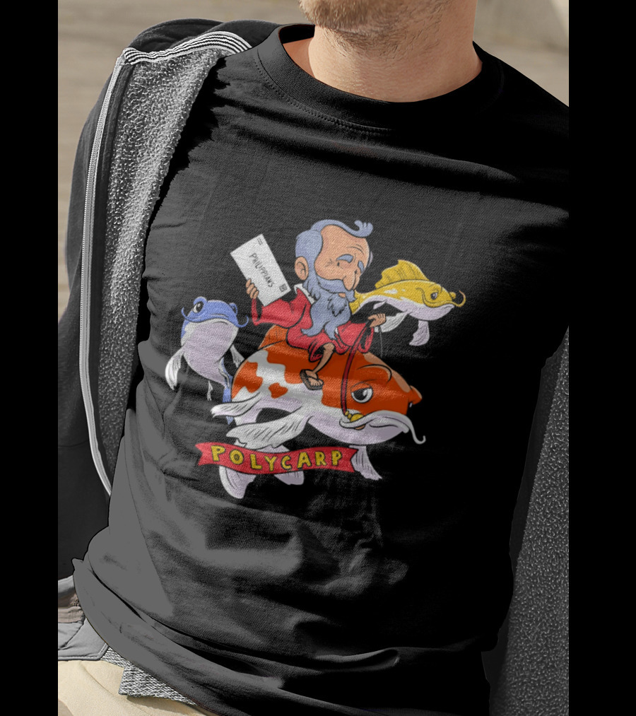 Polycarp Philippians Cartoon Elder Riding Giant Koi Fish With Scroll And Whimsical Sea Creatures T-Shirt