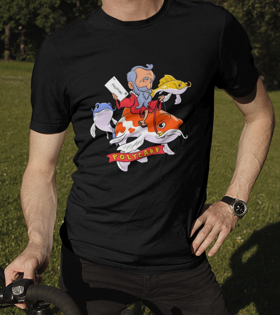 Polycarp Philippians Cartoon Elder Riding Giant Koi Fish With Scroll And Whimsical Sea Creatures T-Shirt