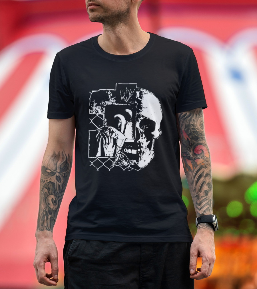 Harms Way Chain Link Skull 2026 Distorted Surreal White Design With Fence T-Shirt