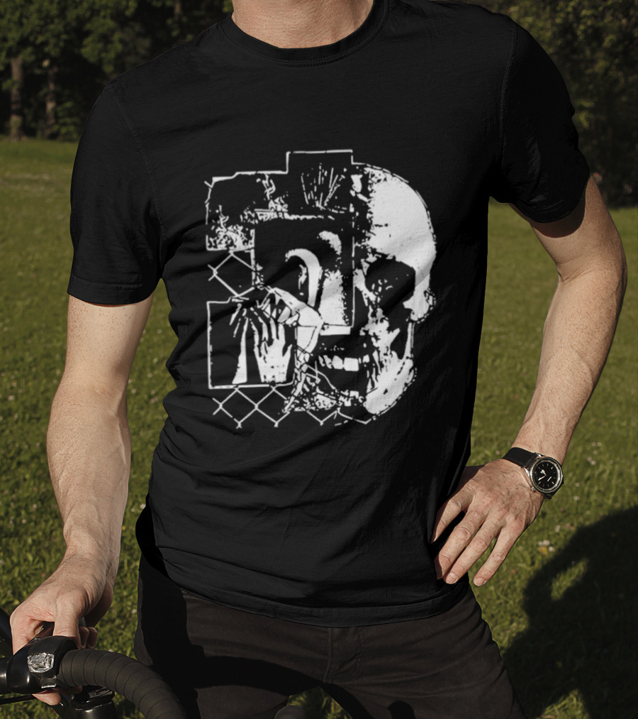 Harms Way Chain Link Skull 2026 Distorted Surreal White Design With Fence T-Shirt