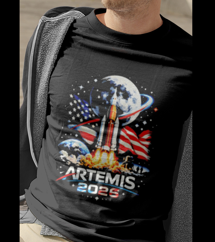 Artemis 2025 Rocket Launch USA Flag Moon Exploration T-Shirt