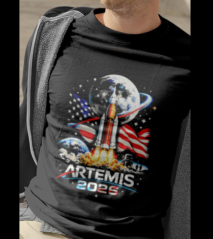 Artemis 2026 Moon Mission American Rocket Launch With Flag And Stars T-Shirt