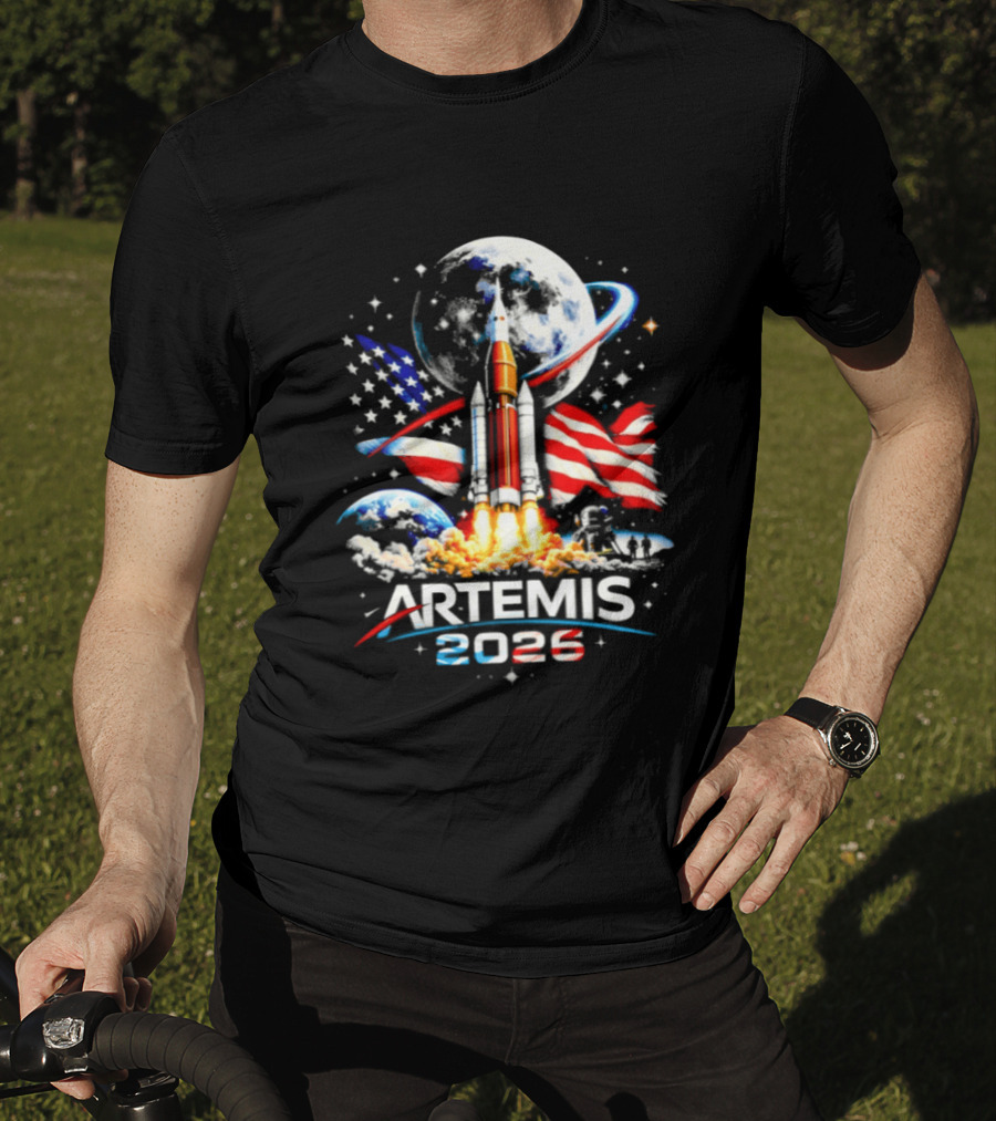 Artemis 2026 Moon Mission American Rocket Launch With Flag And Stars T-Shirt
